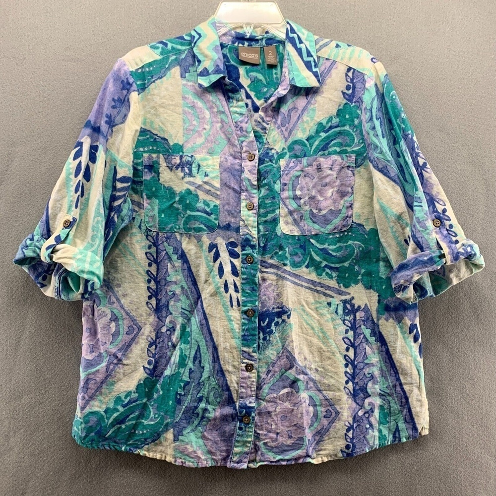 Chico's Linen Cotton Artsy Roll Tab Shirt Womens 2 Large Coastal Beach Tropical